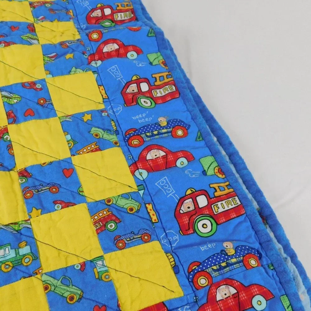 Quilt Baby Crib Blanket Trains Cars Airplanes Trucks Blue Yellow 36